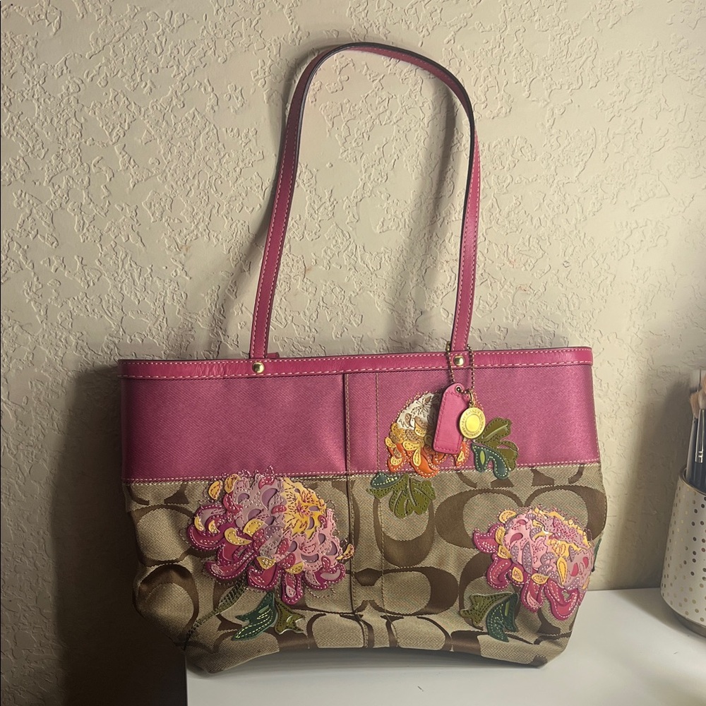 Coach Pink and Tan Floral Tote